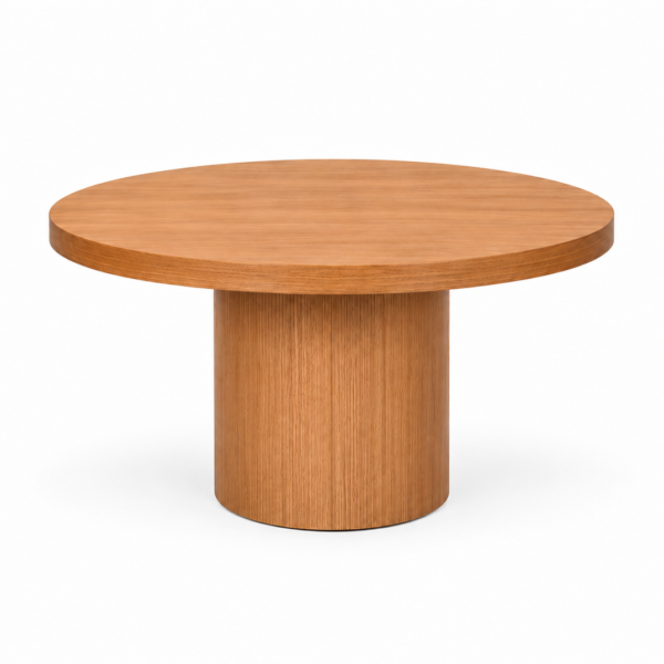 Mesa redonda de madeira com base cilíndrica 1,40m diâmetro