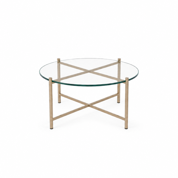 Mesa de centro estrutura bronze e tampo de vidro 0,60m diâm x 0,35m alt