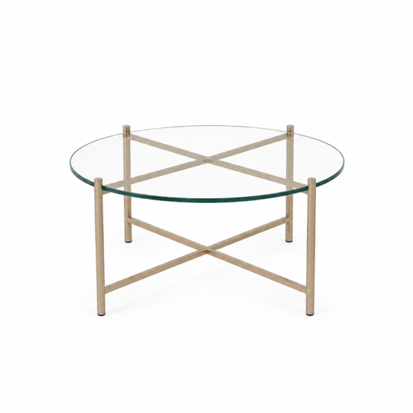 Mesa de centro estrutura bronze e tampo de vidro 0,80m diâm x 0,40m alt