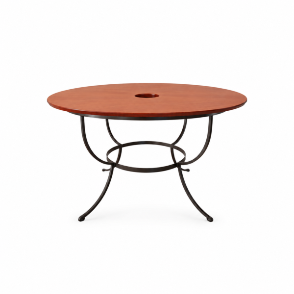 Mesa com tampo de madeira com furo e base de ferro colors 1,36m diâm (8 pessoas)